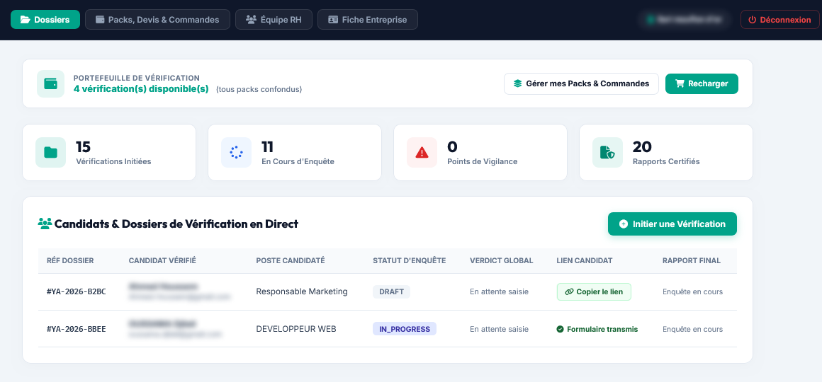 Interface de gestion des vérifications d'antécédents pour entreprises recruteuses sur WATIC